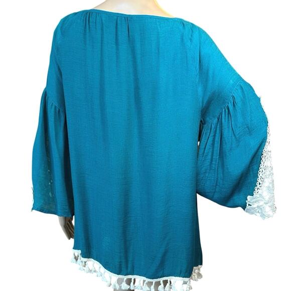 Ali Miles NWOT XL Tunic Top Blue Green BOHO Bell Sleeve Tassel Lace Relaxed Fit - Picture 7 of 16